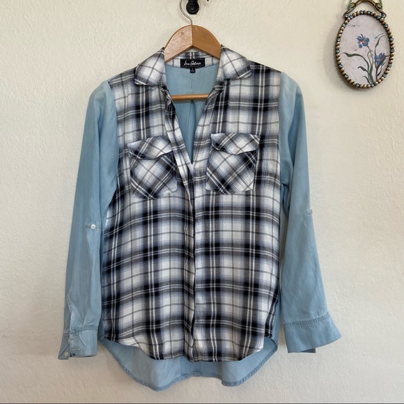 Sam Edelman Tencel Rayon Plaid Chambray Split Tail Shirt - Picture 1 of 10